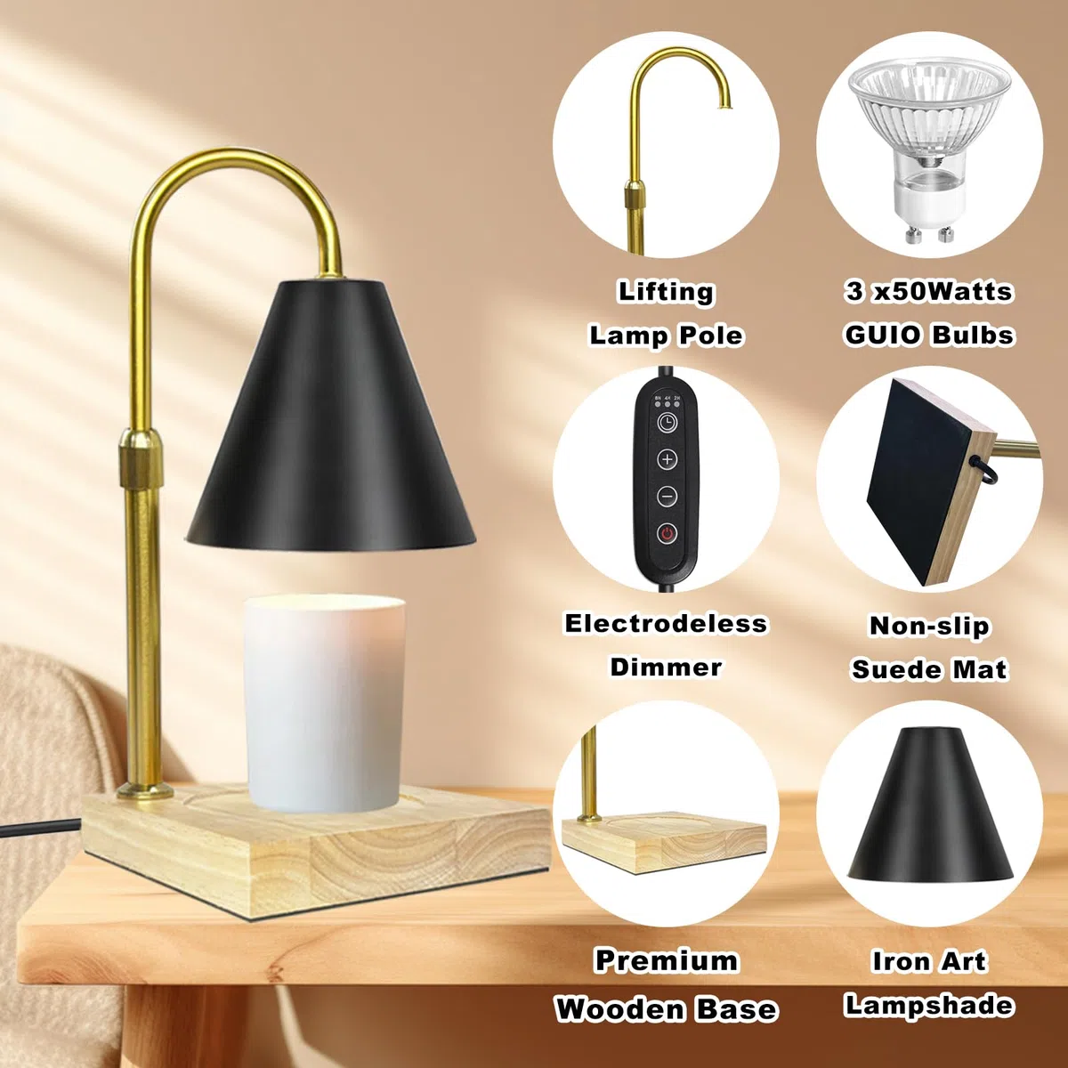 XSS Scaldacandele con timer, Scaldacandele Elettrico con 2 Lampadine, Altezza e Calore Regolabili, Candele in Barattolo per Varie Altezze, Compleanno Festival Decorare Regalo