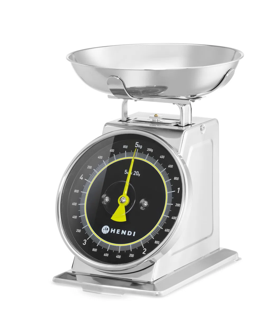 HENDI Bilancia da cucina meccanica – Quadrante analogico – Capacità 5kg, Gradazione 20g – 207x231x(H)254mm – Acciaio inox
