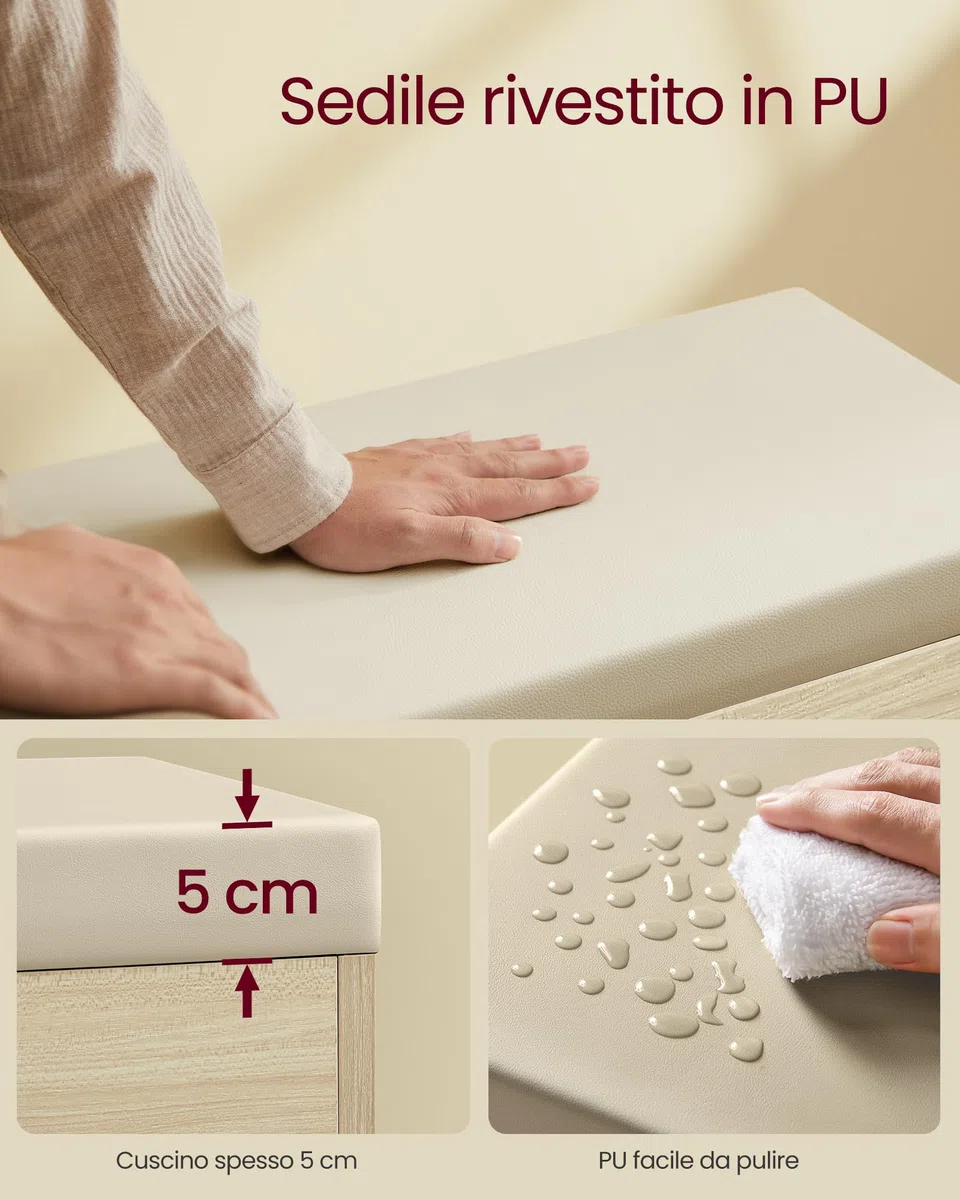 VASAGLE Panca Scarpiera, Scarpiera Ingresso con Sedile Imbottito, 3 Scomparti, 30 x 60 x 44 cm, per Corridoio Camera da Letto Soggiorno, Beige Naturale LHS020K01