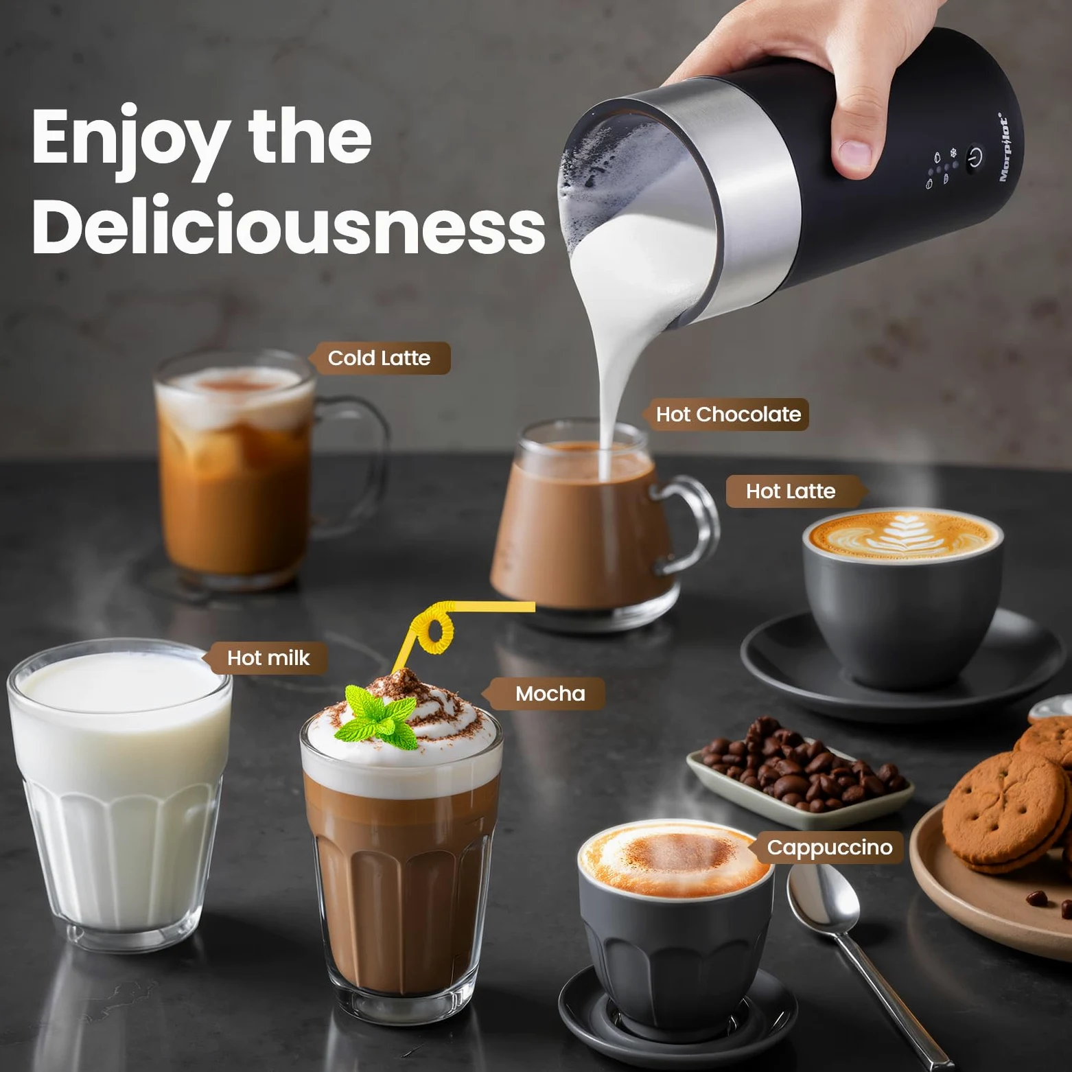 Montalatte Elettrico Automatico, Morpilot Milk Frother, 4 in 1 Funzione, Capacità Massima 115 ml - Modalità Schiuma, 240 ml - Modalità Latte Caldo