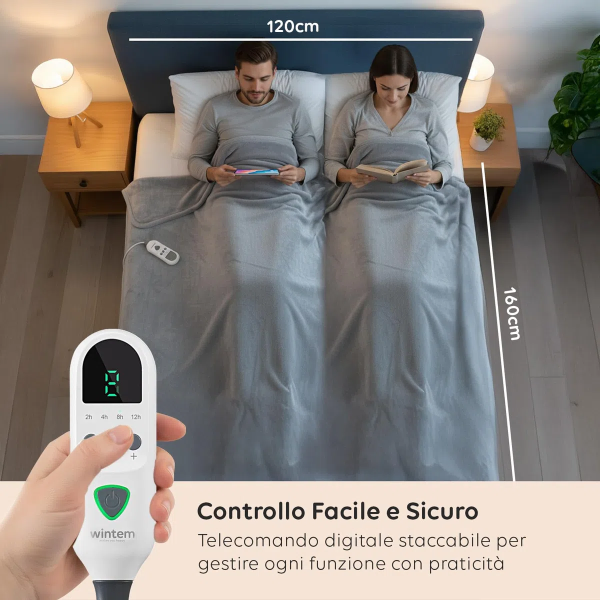 Coperta Termica Elettrica 160x120 cm - Scaldaletto in Flanella a Doppio Strato - 8 Livelli di Temperatura, Timer 9 Ore e Protezione Surriscaldamento - Lavabile in Lavatrice - Ideale per Letto e Divano