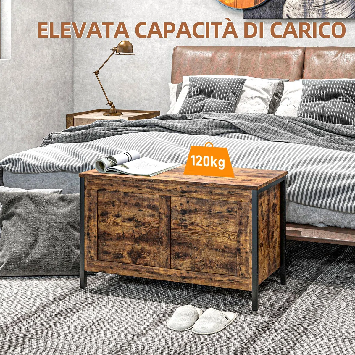 HOMCOM Cassapanca da 95L in Stile Industriale con Coperchio con Cerniera di Sicurezza, Panca Contenitore Multiuso per Salotto e Ingresso, 80x40x49cm, Marrone Rustico