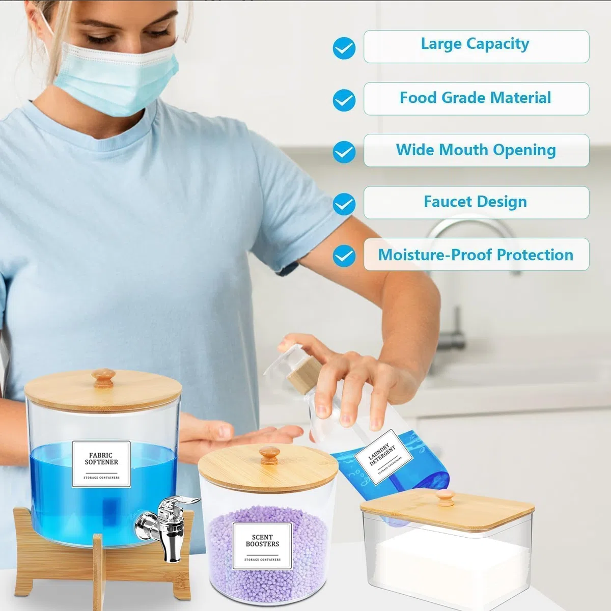 4 Pezzi Contenitore Detersivo Polvere - 3L Porta Detersivo Con Rubinetto E Supporto, 3L Dispenser Detersivo Lavatrice, Contenitore Quadrato 2L Con Clip,0.8l Contenitori per Detersivi Lavanderia
