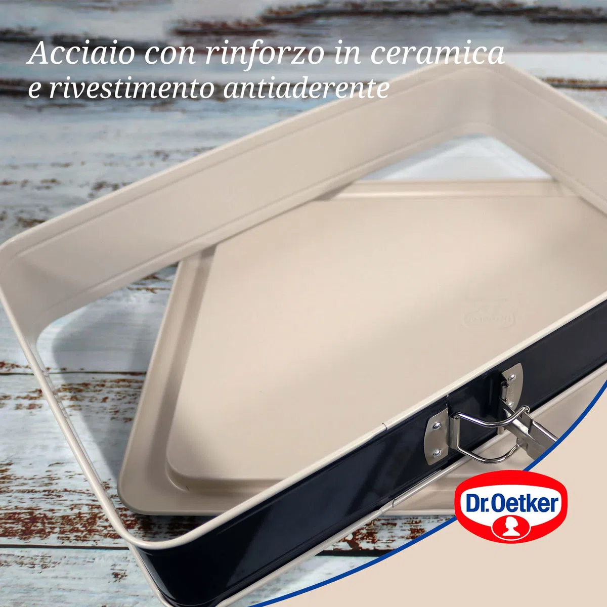 Dr. Oetker Stampo da forno rettangolare, tortiera con cerniera per torte, lasagne, teglia in acciaio e ceramica con rivestimento antiaderente, antigoccia, 38x25x7 cm