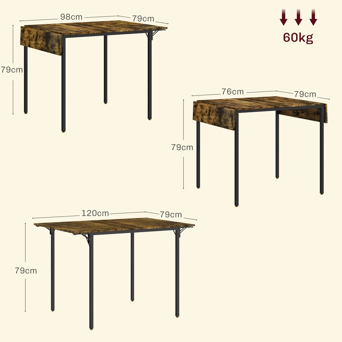 HOMCOM Tavolo da Pranzo a Ribalta stile Industriale per 2-4 Persone con 2 Lati Allungabili, Tavolo Pieghevole da Cucina per Piccoli Spazi in Legno e Metallo, 120x79x79 cm, Marrone Rustico