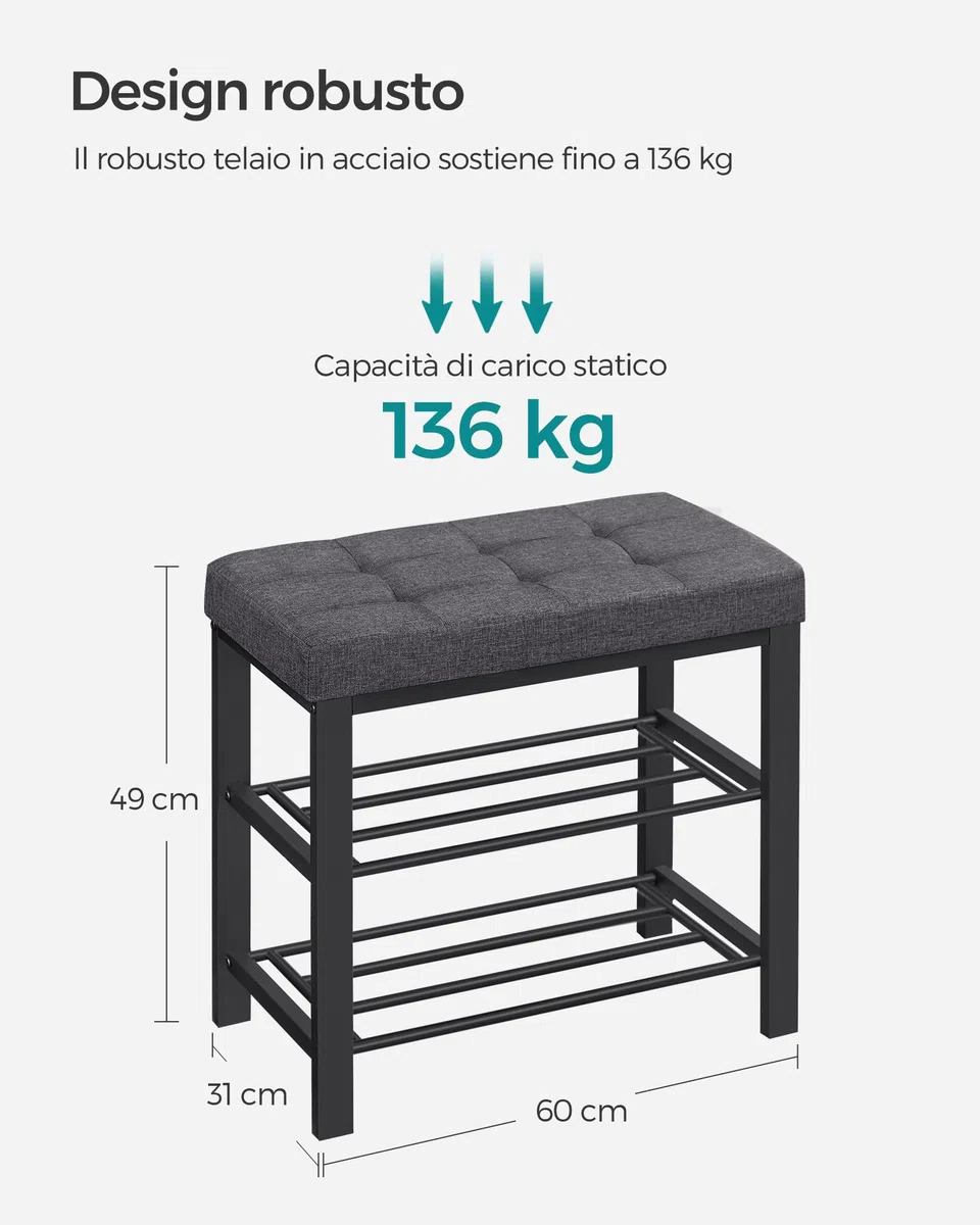 SONGMICS Shoe Bench, 3-Tier Rack for Entryway, 60 * 31 * 49cm, Dark Gray and Black LBS576B33