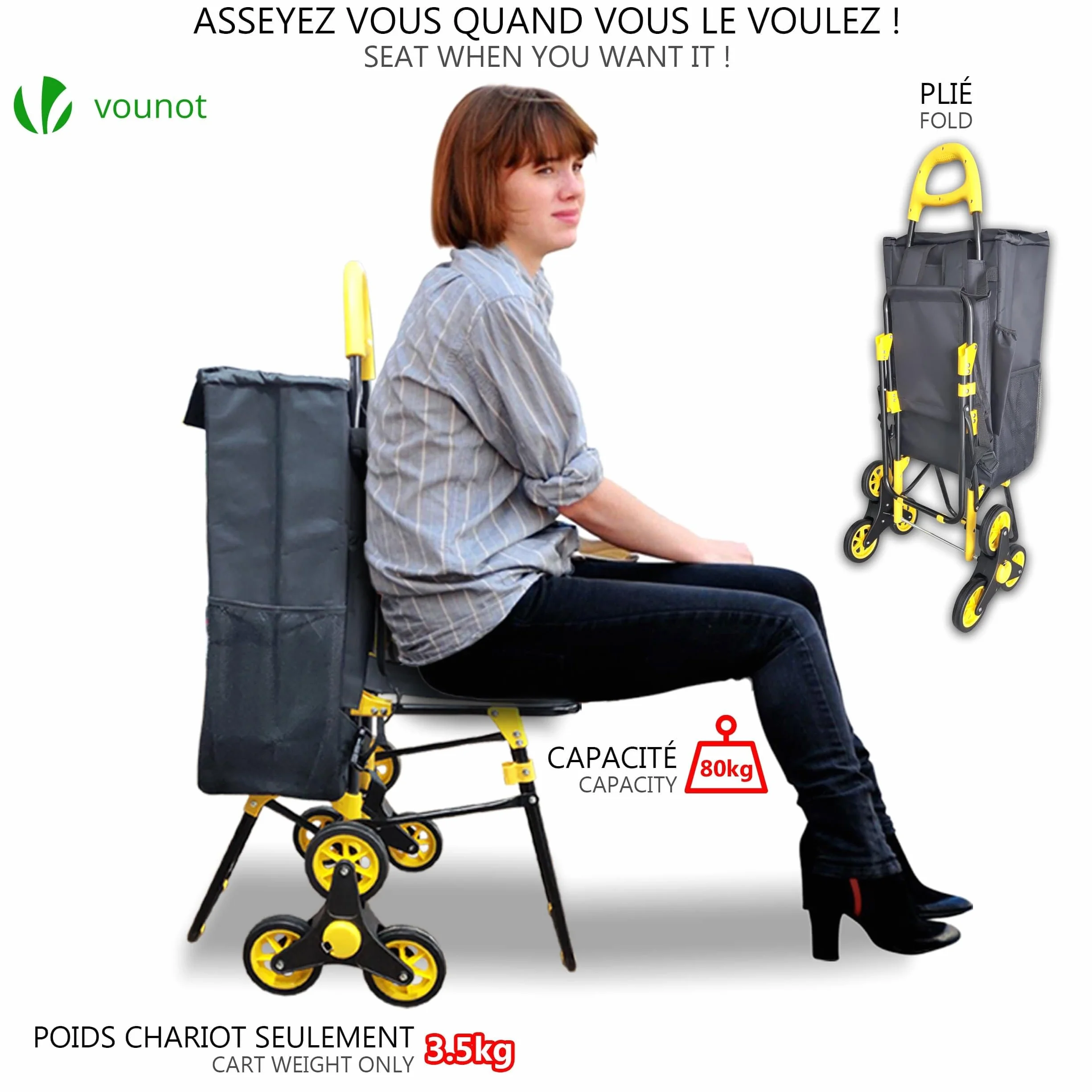 VOUNOT® Carrello Spesa Pieghevole con 3 Ruote e Seduta, Carrello Portaspesa per Saliscale con Borsa Termico, 40 L