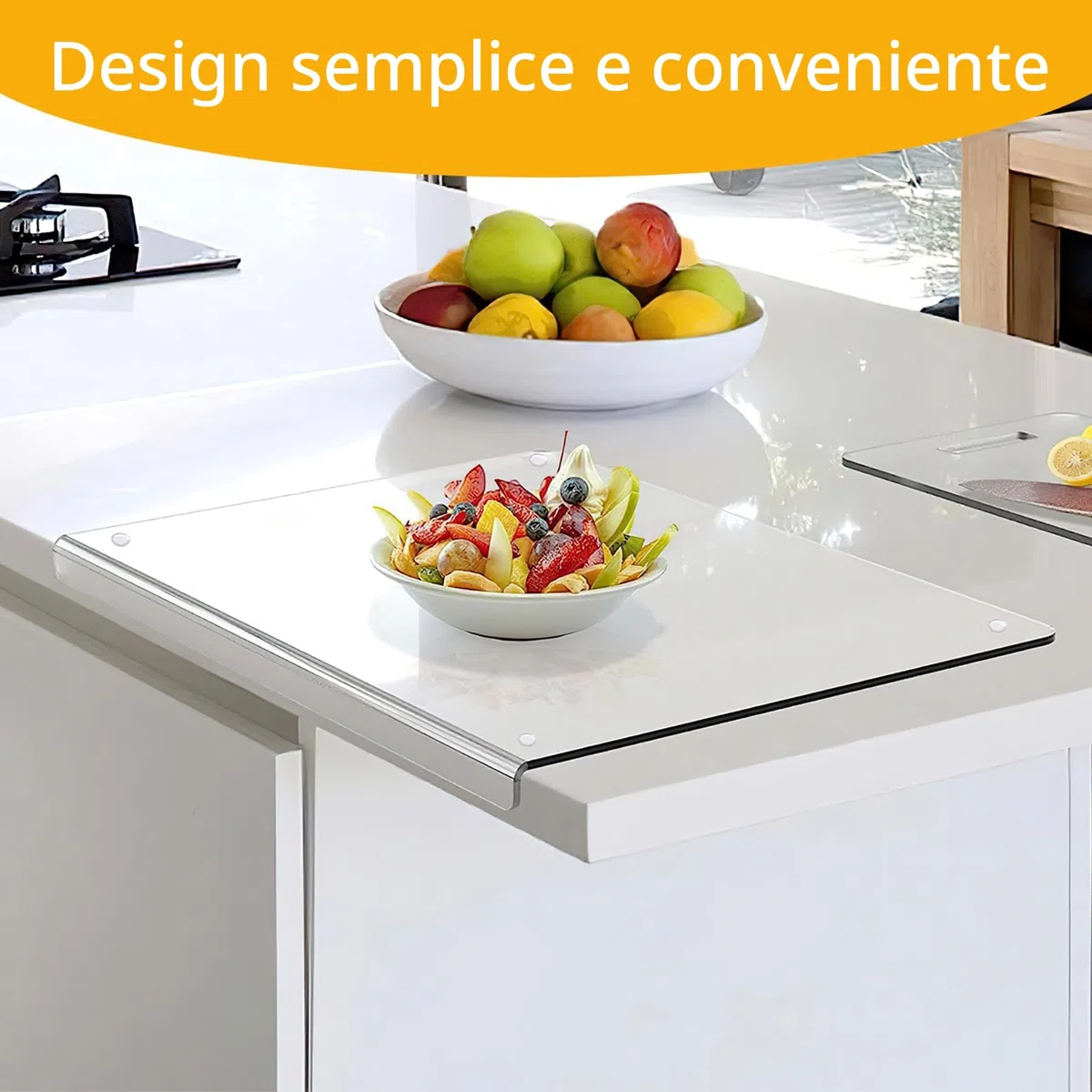 Tagliere Acrilico da 5 mm Con Bordo di Arresto, 45 cm x 40 cm, Trasparente per Bancone Cucina, Antiscivolo Con Labbro