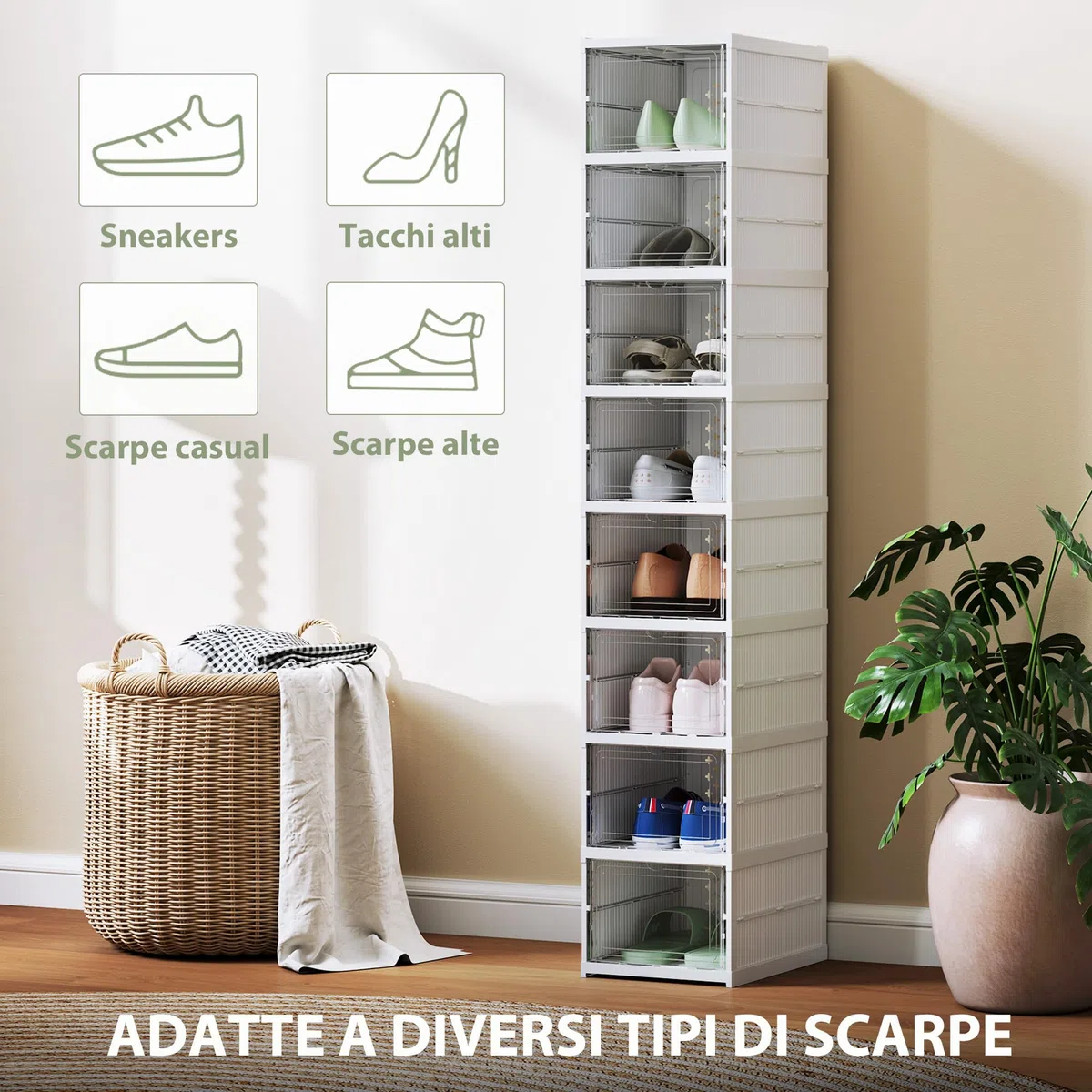 HOMCOM Scarpiera Modulabile con 8 Contenitori per Scarpe Impilabili, Organizer per Scarpe Pieghevole Salvaspazio con Pannello Trasparente, Senza Montaggio, Bianco