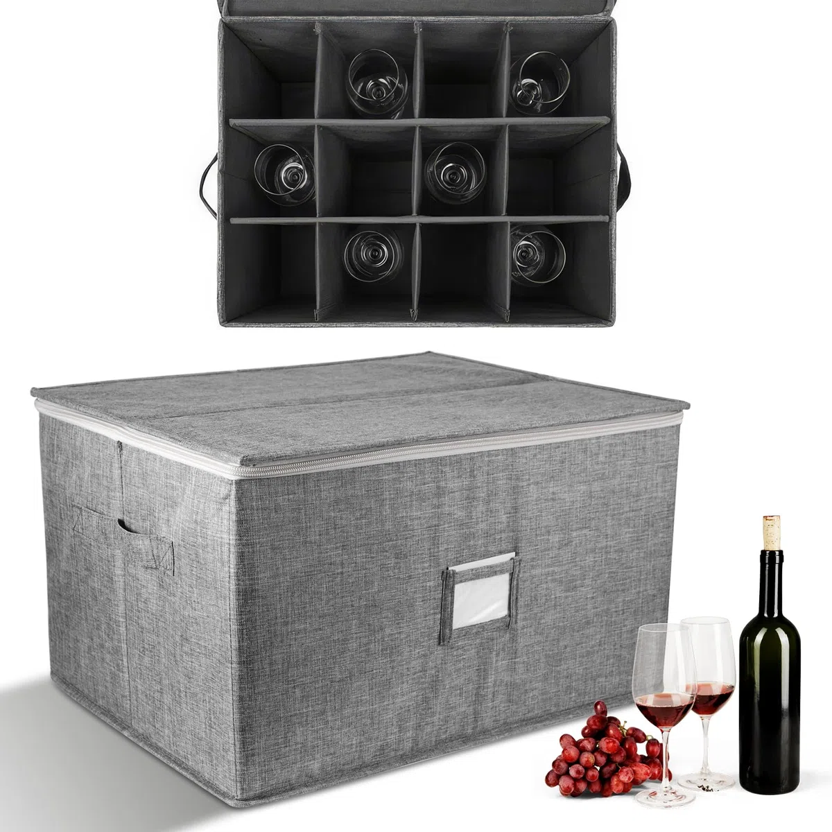 OUZHOU Scatola portaoggetti per bicchieri da vino con 12 divisori, porta calici, custodia per bicchieri da vino con finestra per etichette, contenitore per bicchieri da vino, cucina, feste, viaggi