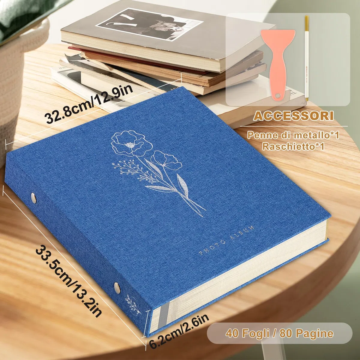 Lanpn Album fotografico autoadesivo per album di foto in lino, pagine magnetiche appiccicose, contiene diverse dimensioni 10x15cm 13x18cm immagini A4 A5 (40 fogli grandi / 80 pagine, blu)