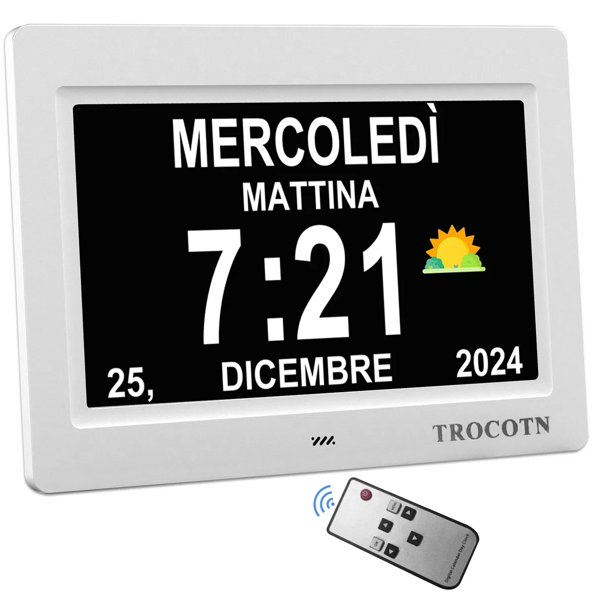 TROCOTN Grande orologio digitale per anziani, con calendario, grande display con allarmi personalizzati, orologio da parete con giorno e data, sveglia, orologio da scrivania (7 Pollici, bianco)