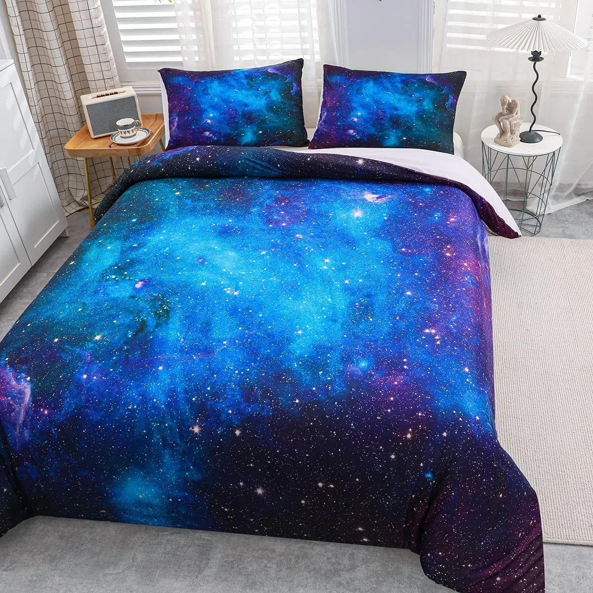 Loussiesd Galaxy Bedding Set Singolo,Spazio Esterno con Motivo Galassia Stelle nello Spazio Celeste,astronomico e Pianeti,Decorazione per Biancheria da Letto Blu,Viola