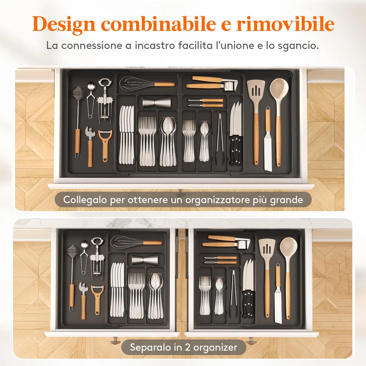 Lifewit Portaposate da Cassetto Grande, Organizer Posate da Cassetto, Espandibile da 54,1 a 91,4 cm di Larghezza, Organizer Cucina in Plastica per Posate, Cucchiai, Forchette, Coltelli, Nero
