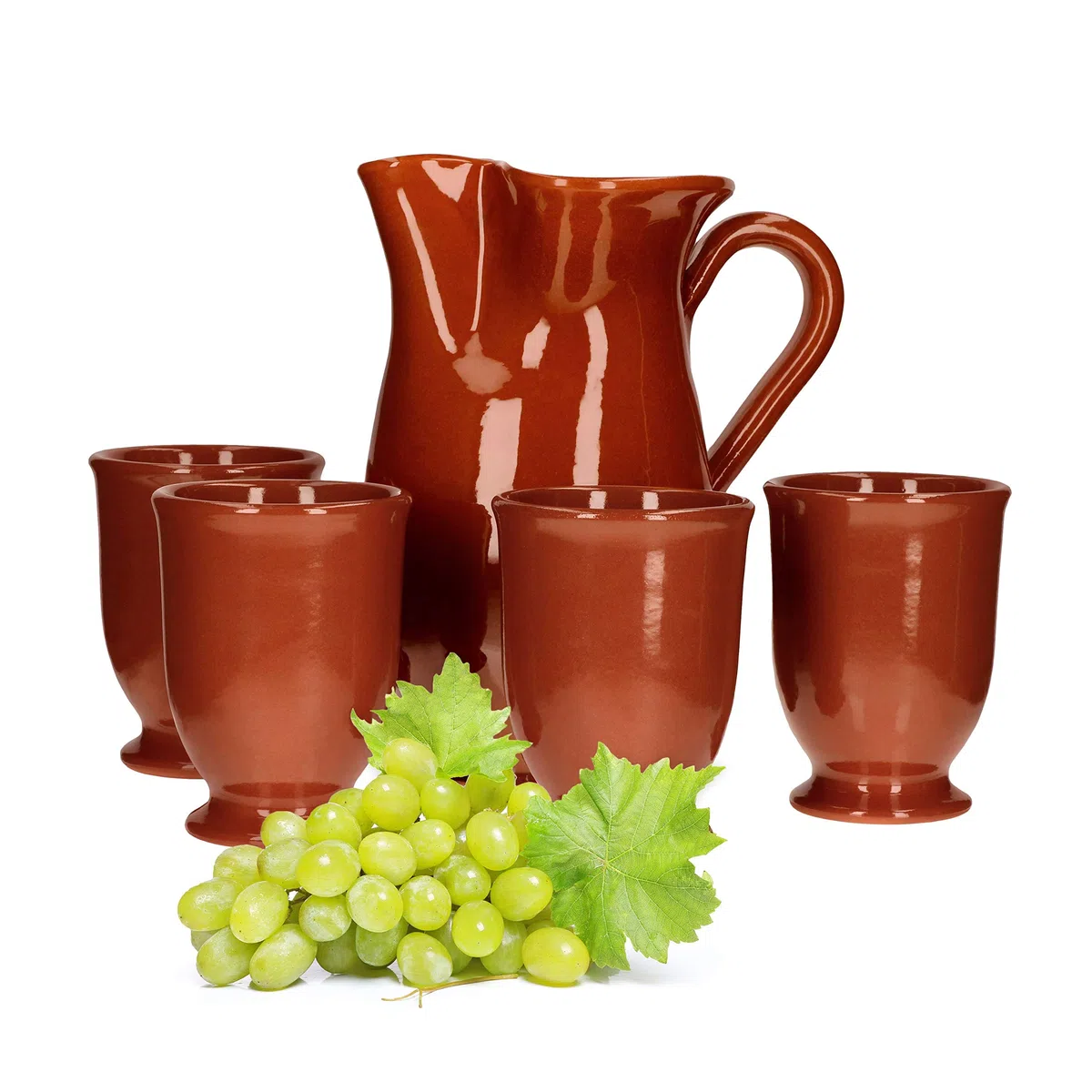 MamboCat Set di 5 brocca di argilla 1 l + 4 bicchieri di argilla da 175 ml resistenti marrone smaltato teiera da portata tazze da cucina mediterranea per vino e feste medievali