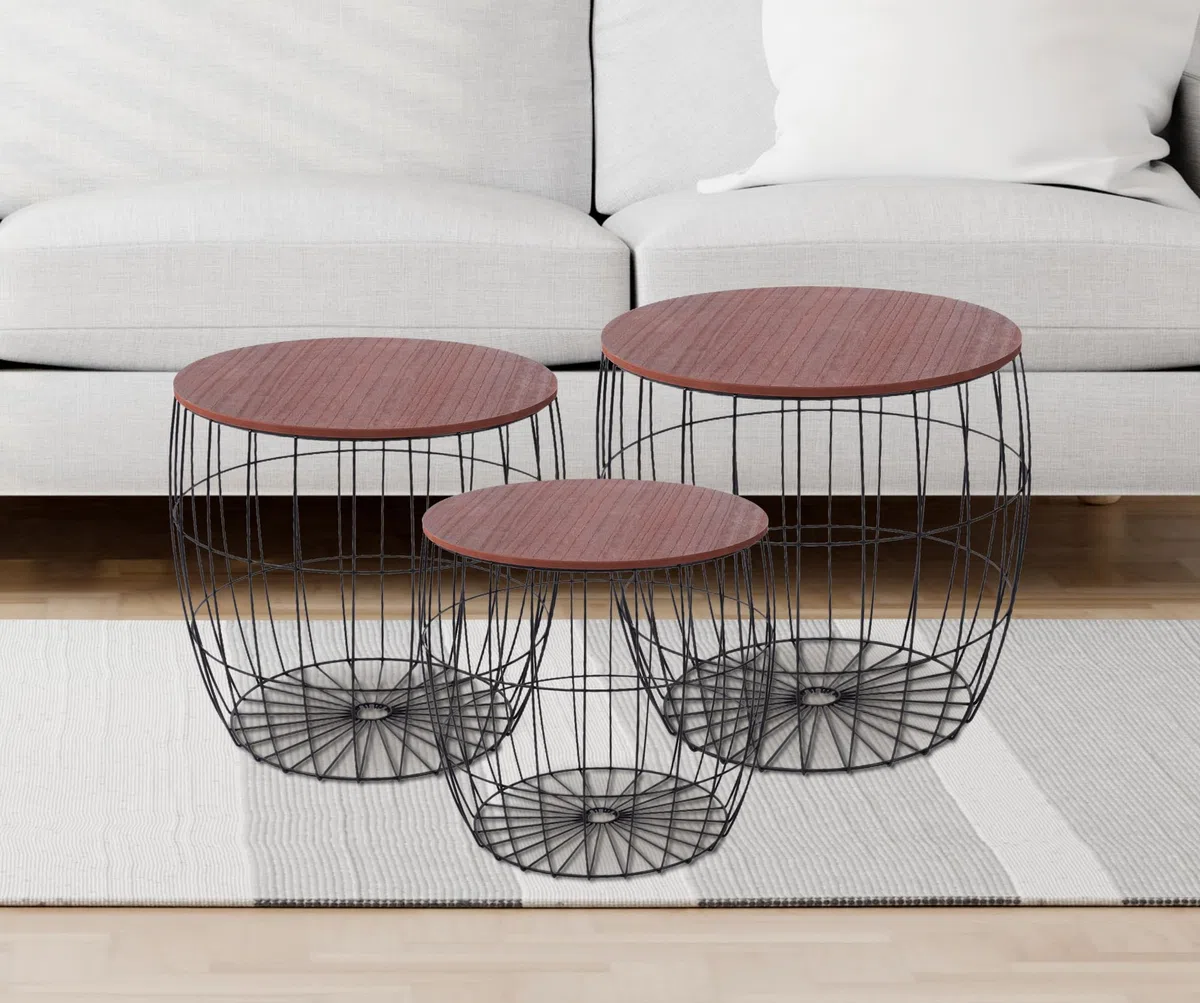 IlGruppone Set 3 Tavolini Da Salotto Sovrapponibili Caffe' Rotondi Design Moderno Tavolo Divano Top In Legno Struttura In Acciaio Stile Industrial Vano Porta Oggetti - Marrone - Modello 1