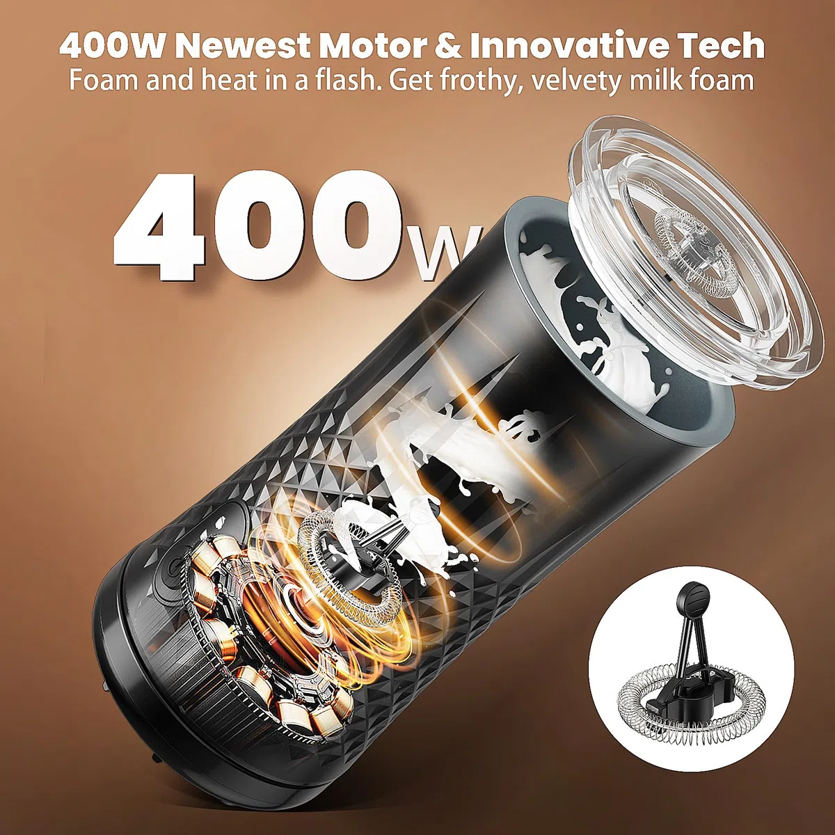 Montalatte Elettrico 4 in 1, Schiumalatte Caldo e Freddo Veloce, 2 Fruste, Rivestimento Antiaderente, Spegnimento Automatico, per Caffè, Cappuccino, Latte