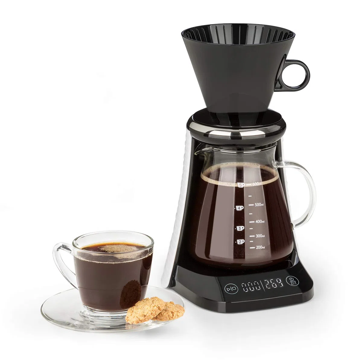 KLARSTEIN Craft Coffee - Caraffa per Caffè Artigianale, Pour Over, Caraffa in Vetro, Timer, Caffé Gourmet, Bilancia 600 ml, Display LED, Bianco/Nero