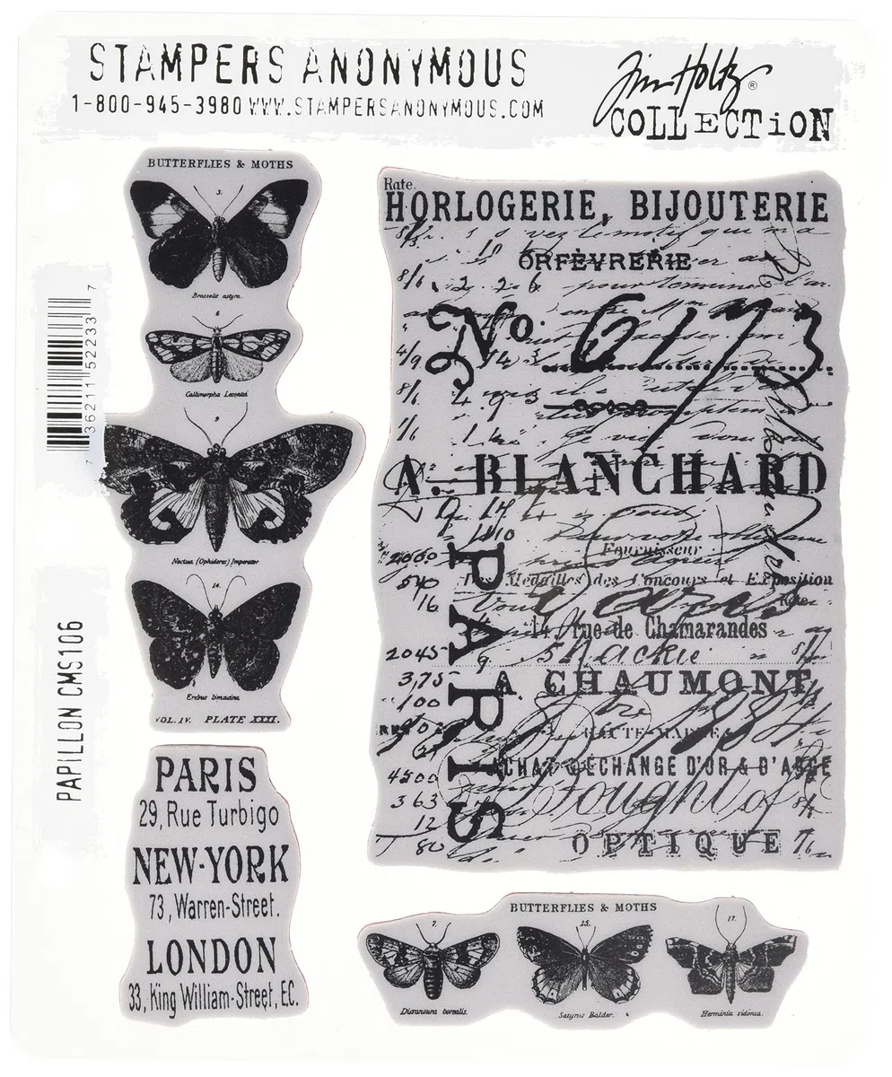 Stampers Anonymous Cling Stamps 7"X8.5"-Papillon Timbri Adesivi Tim Holtz, 17,8 x 20,5 cm, Gomma acrilica, Extra_Large