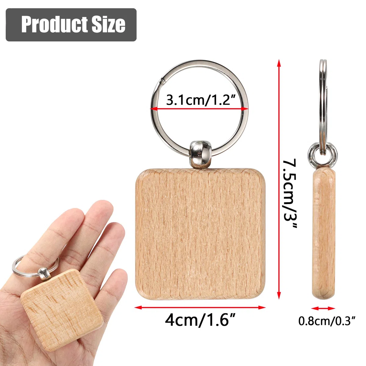 100 portachiavi quadrati in legno, 4 cm, vuoti, portachiavi in legno, per fai da te, personalizzabili, portachiavi in legno