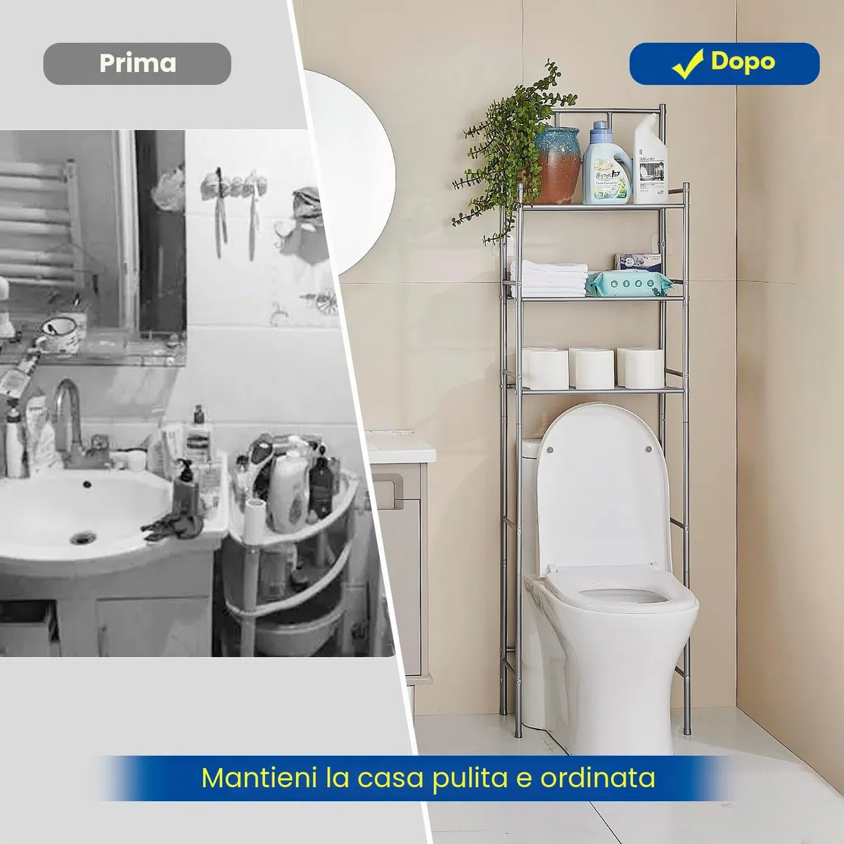 Mobile Sopra WC, Salvaspazio, 3 Ripiani Scaffale Sopra WC, Indipendente Mensola per Servizio Igienico, Mensola portaoggetti da Bagno, Grande Capacità, 46 x 26 x 168 cm, Grigio