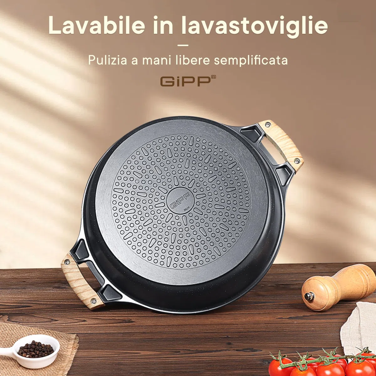 GiPP Tegami da 32 cm, Struttura in Alluminio Pressofuso, Pentola Bassa Antiaderente Ad Alte Prestazioni con Coperchio in Vetro, Tutti Fornelli y Induzione Senza PFOA
