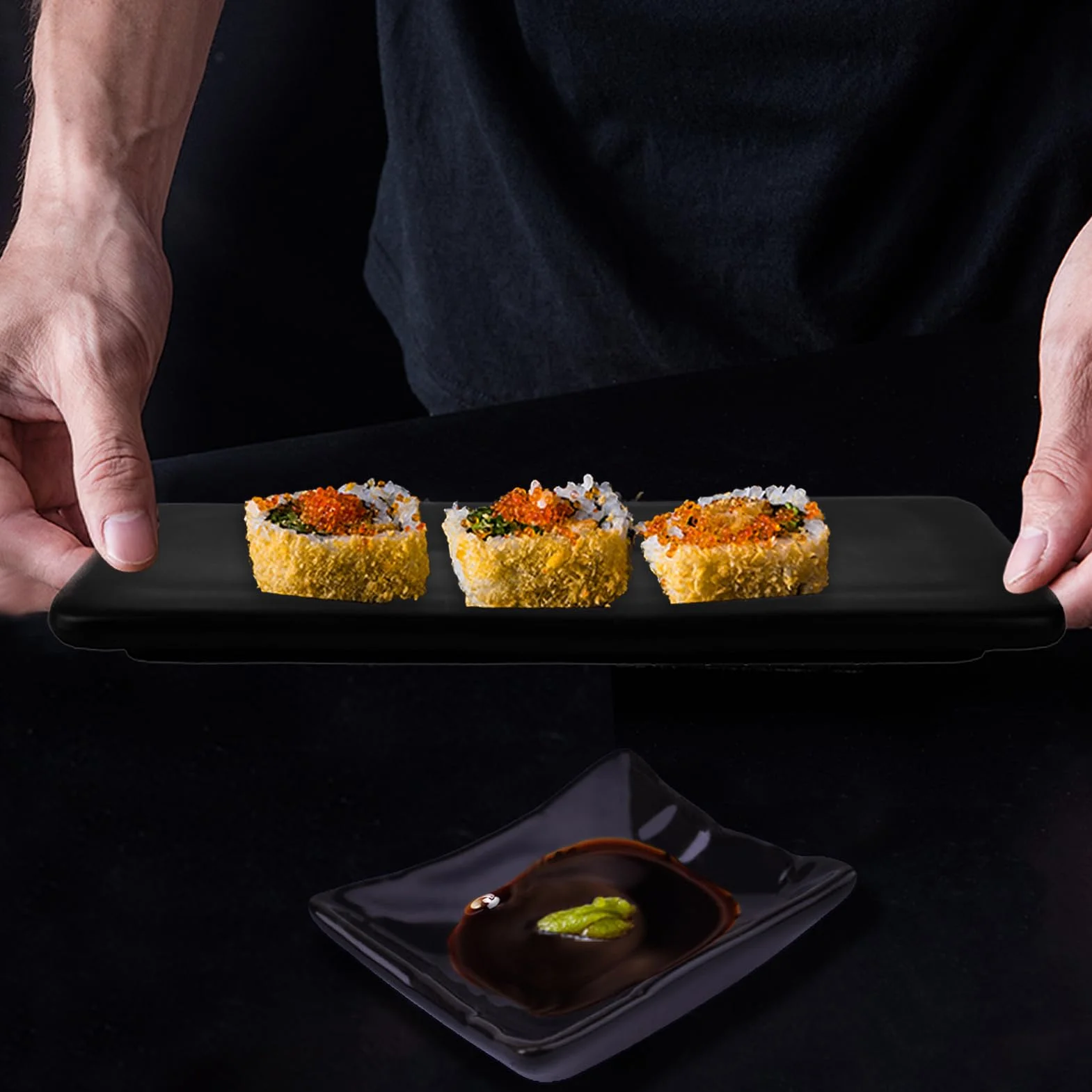 Artcome Set di piatti da sushi in ceramica in stile giapponese, 8 pezzi, con 2 piatti per sushi, 2 piatti per salsa, 2 paia di bacchette, 2 supporti per bacchette