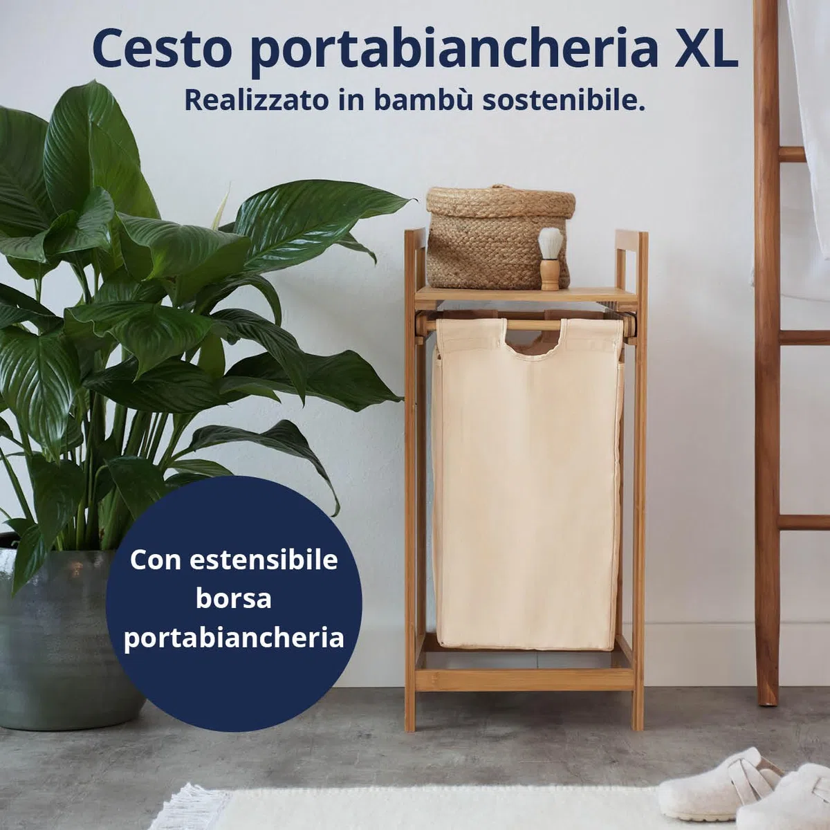 Lumaland - Cesto portabiancheria in bambù con sacco estraibile, materiale di facile manutenzione, resistente all'umidità e facile da pulire, 73 x 33 x 33 cm
