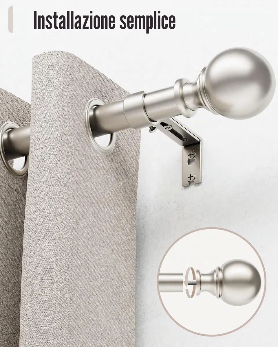 Bastone per tende 80-305 cm, Estensibile, Ø 25 mm, in metallo, con staffe incluse, supporta montaggio a parete e soffitto, per soggiorno, camera da letto e cameretta, nickel spazzolato