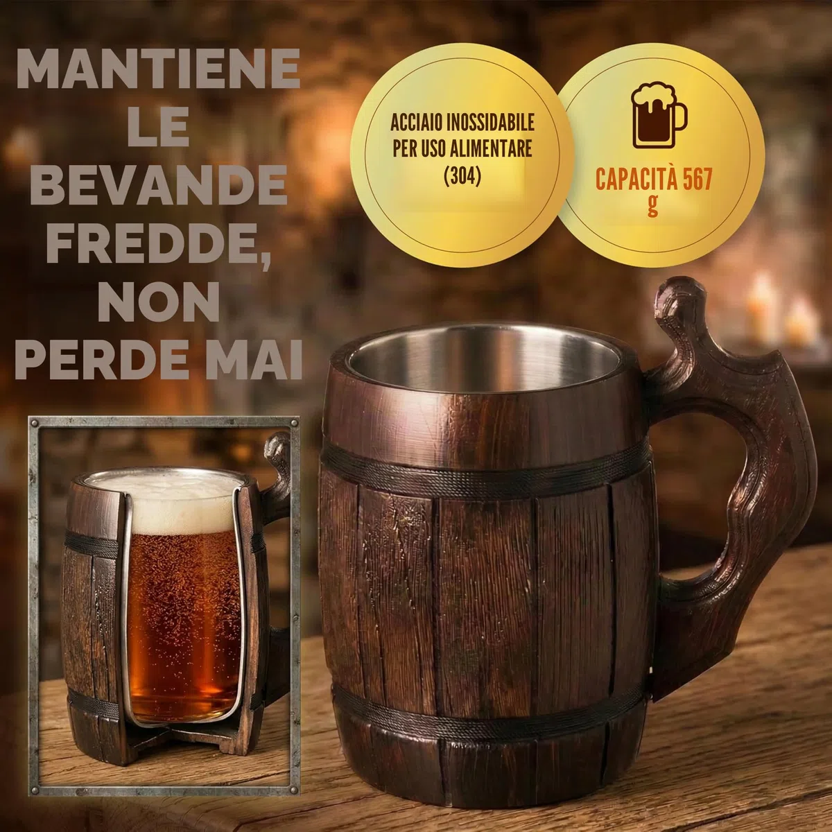 Tazza di birra in legno di quercia fatta a mano Tazza in acciaio inossidabile Naturale ed ecologico 0,6 litri 20 once Barrel Brown