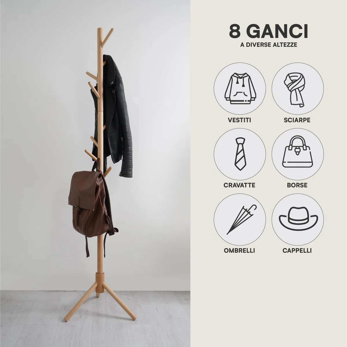 Eurocali Appendiabiti Attaccapanni in Legno Naturale con 8 Ganci e Struttura Modulare 2 Altezze - per Cappotti Giacche Cappelli e Borse - Portabiti Ingresso e Ufficio - 174/124x43cm