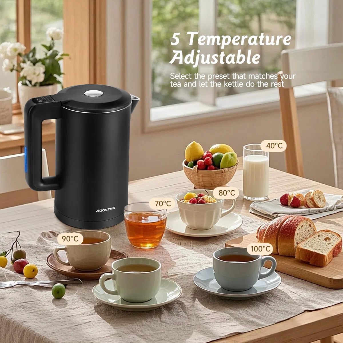 Aigostar Benjamin- Bollitore Smart controllo WLAN compatibile con Alexa e Google Home, Bollitore Elettrico Temperatura Regolabile 40-100 ℃, Doppia Parete, 1,7L 2200W. Funzione di Mantenimento Caldo