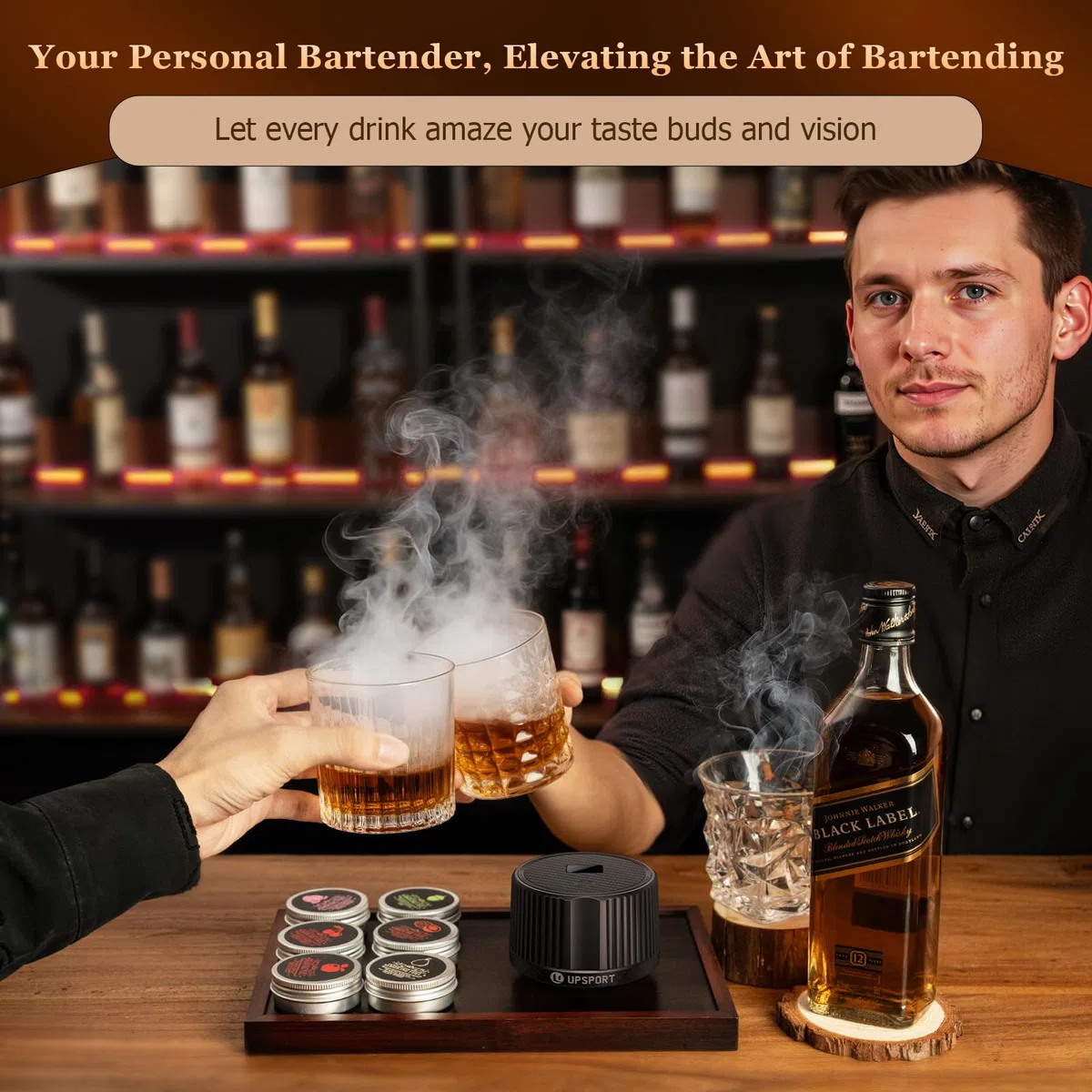 Kit affumicatore elettrico per whisky con 4 modalità di illuminazione, affumicatore per cocktail ricaricabile, 6 trucioli di legno, non richiede butano, regali di Natale/compleanno per uomini