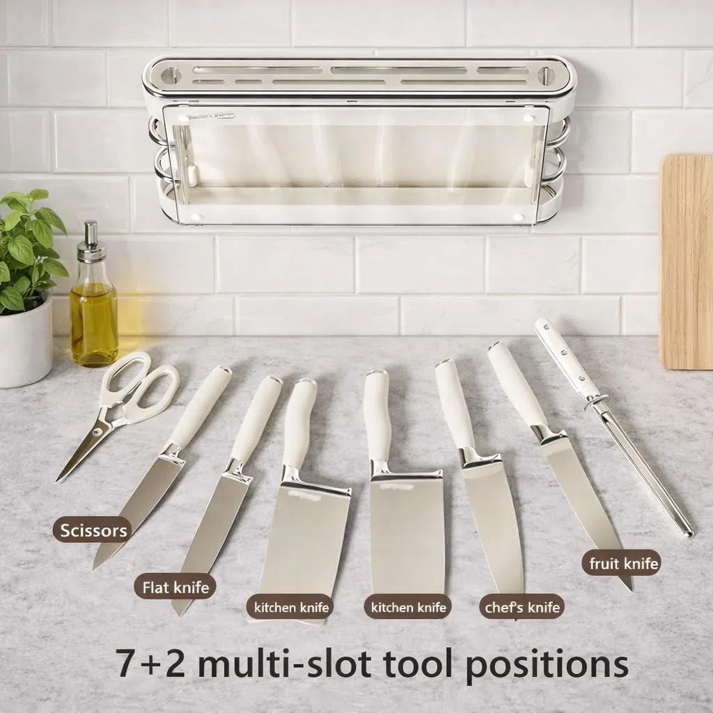 Porta coltelli da cucina con 9 scomparti, ripiano portaoggetti in acciaio inox montato a parete, design cavo, piastra in PET trasparente da 5 mm e vassoio in silicone