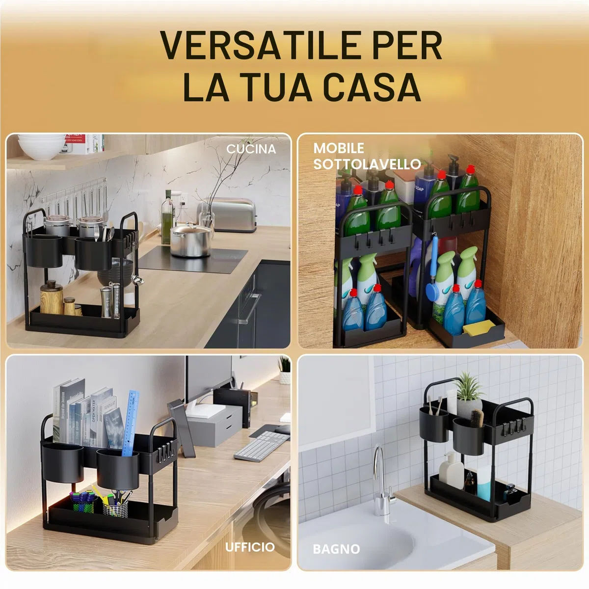 HELDENWERK Scaffale sotto lavandino per mobile sottolavello regolabile in altezza con 2 ripiani in nero I Organizer cucina mobile sotto portaspezie I Organizer mobile sottolavandino