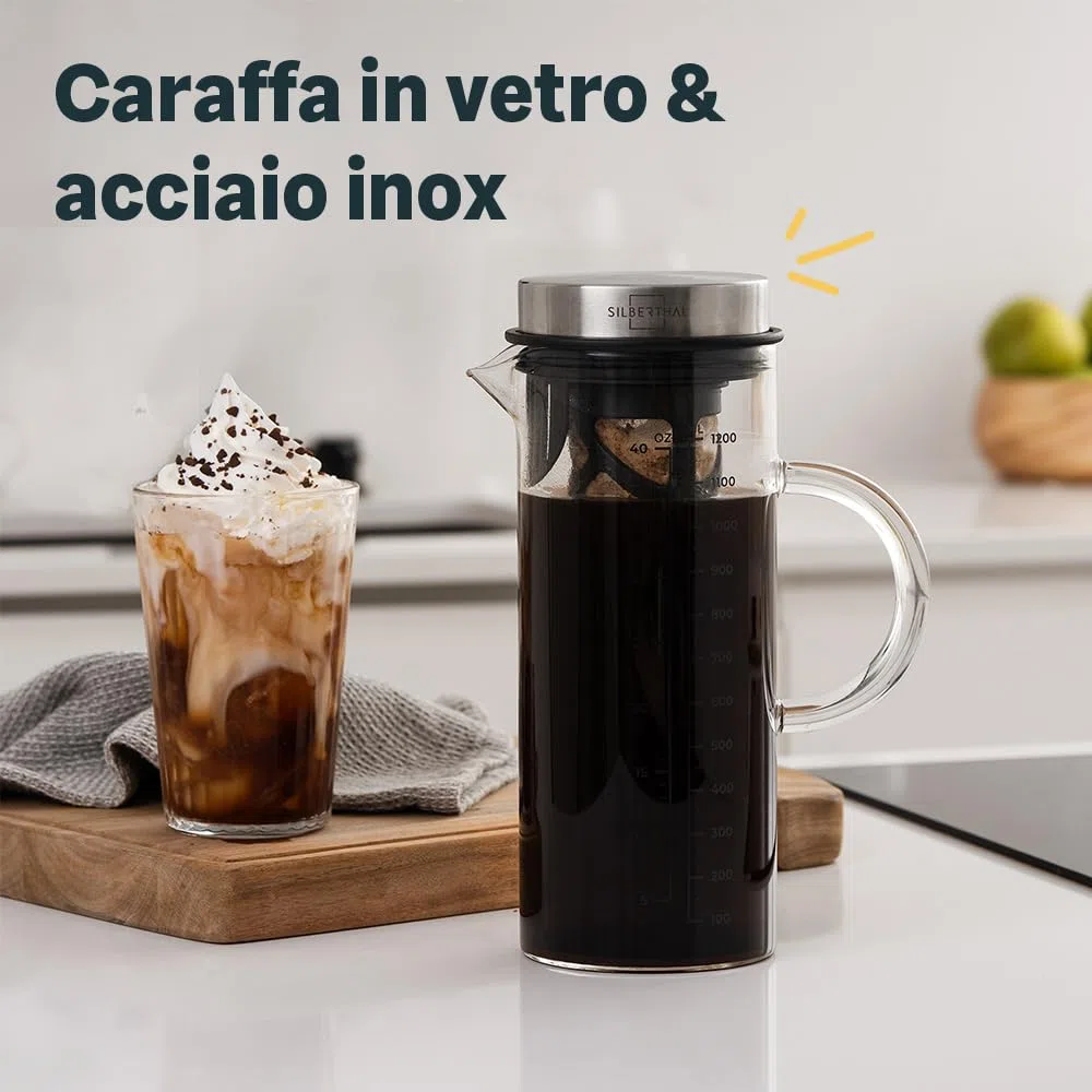 SILBERTHAL Caraffa in vetro e acciaio inossidabile, filtro a maglia fine rimovibile, 1,3 litri, brocca per acqua infusa e fredda Brew e tè ghiacciati
