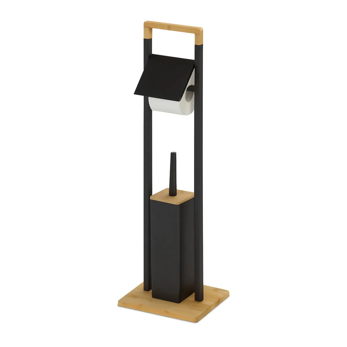 Set da Bagno Relaxdays, bambù, Porta Carta igienica, scopino con portascopino, 76,5x28x18 cm, Nero