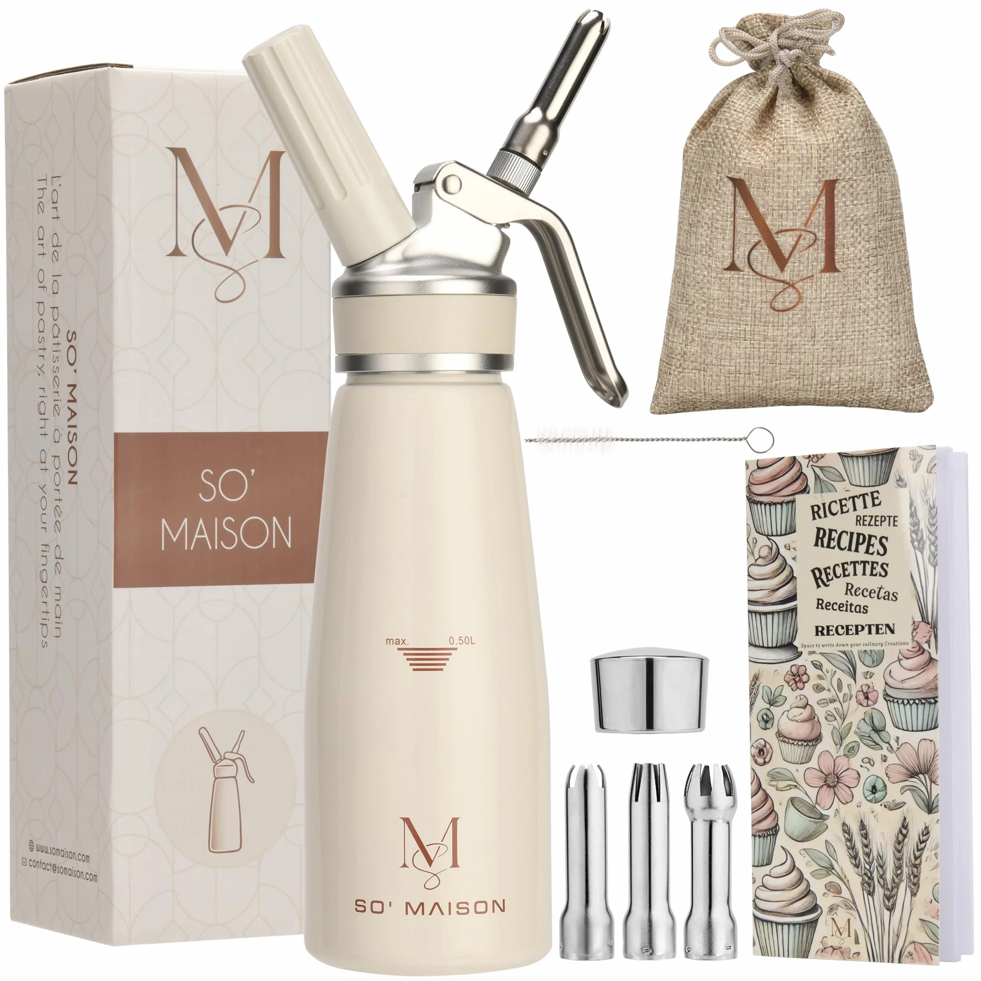 SO’Maison Sifone Panna e Crema 500 ml – Sifone da Cucina Professionale, Design Crema Vintage, con Ricettario da Compilare – Accessori per Pasticceria