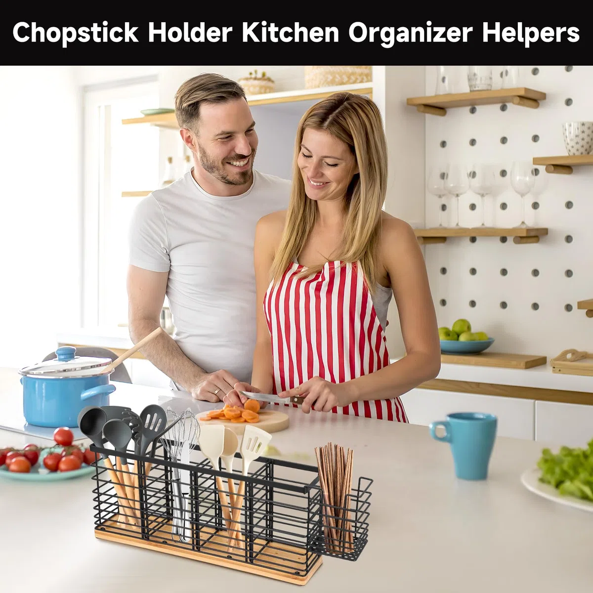 Portautensili da cucina in acciaio inox con 4 scomparti in legno + 1 scomparto per utensili da cucina, porta utensili da cucina con ripiano rimovibile, grande ciotola per coltelli, cucchiai e