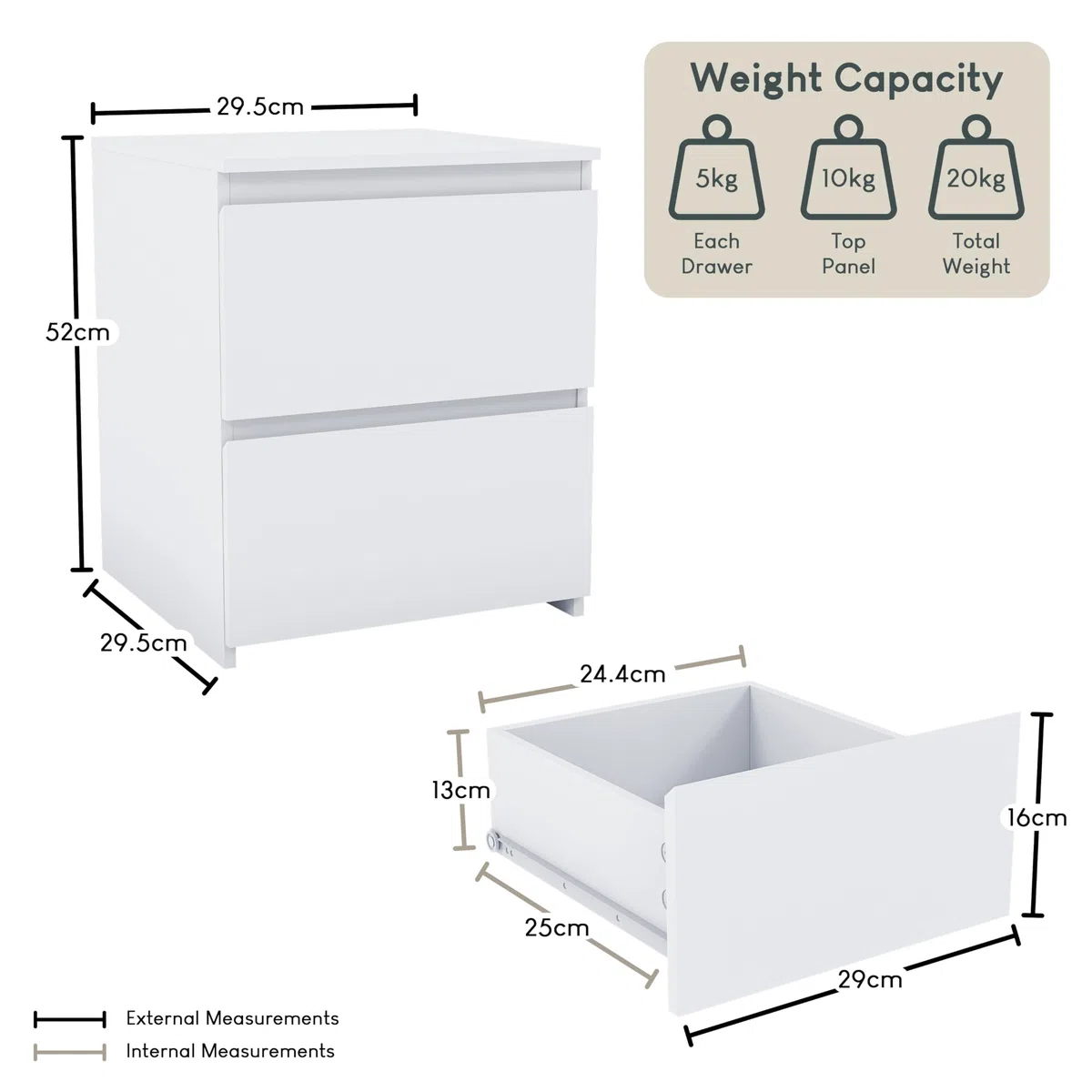 Vida Designs Denver - Comodino con 2 cassetti, colore: Bianco