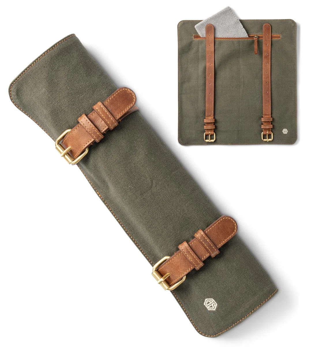 Angus Stoke Portacoltelli per coltelli da cucina, rotolo di coltelli da cucina di alta qualità, tasca per coltelli con scomparto extra e chiusura lampo, borsa da cucina Lars, Verde oliva, 40 x 38 cm