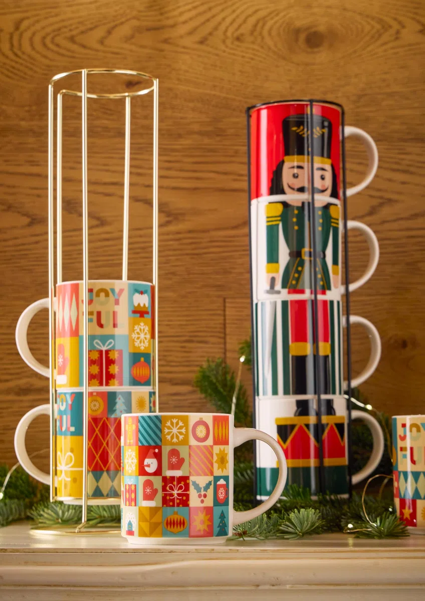 Tognana, Set 4 Mug Cc370 impilabili Con Supporto Xmas Wrap, New Bone China, Multicolor