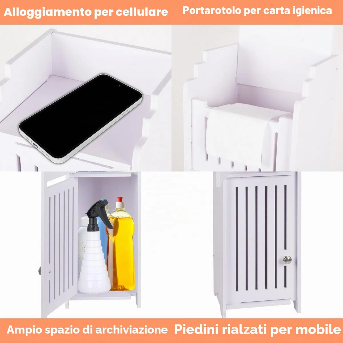 powerking Supporto per carta igienica, Sopra l'armadio di stoccaggio WC per bagno, Mensola angolare sottile per piccolo spazio di stoccaggio, Armadio di stoccaggio bagno piccolo con porte, Bianco