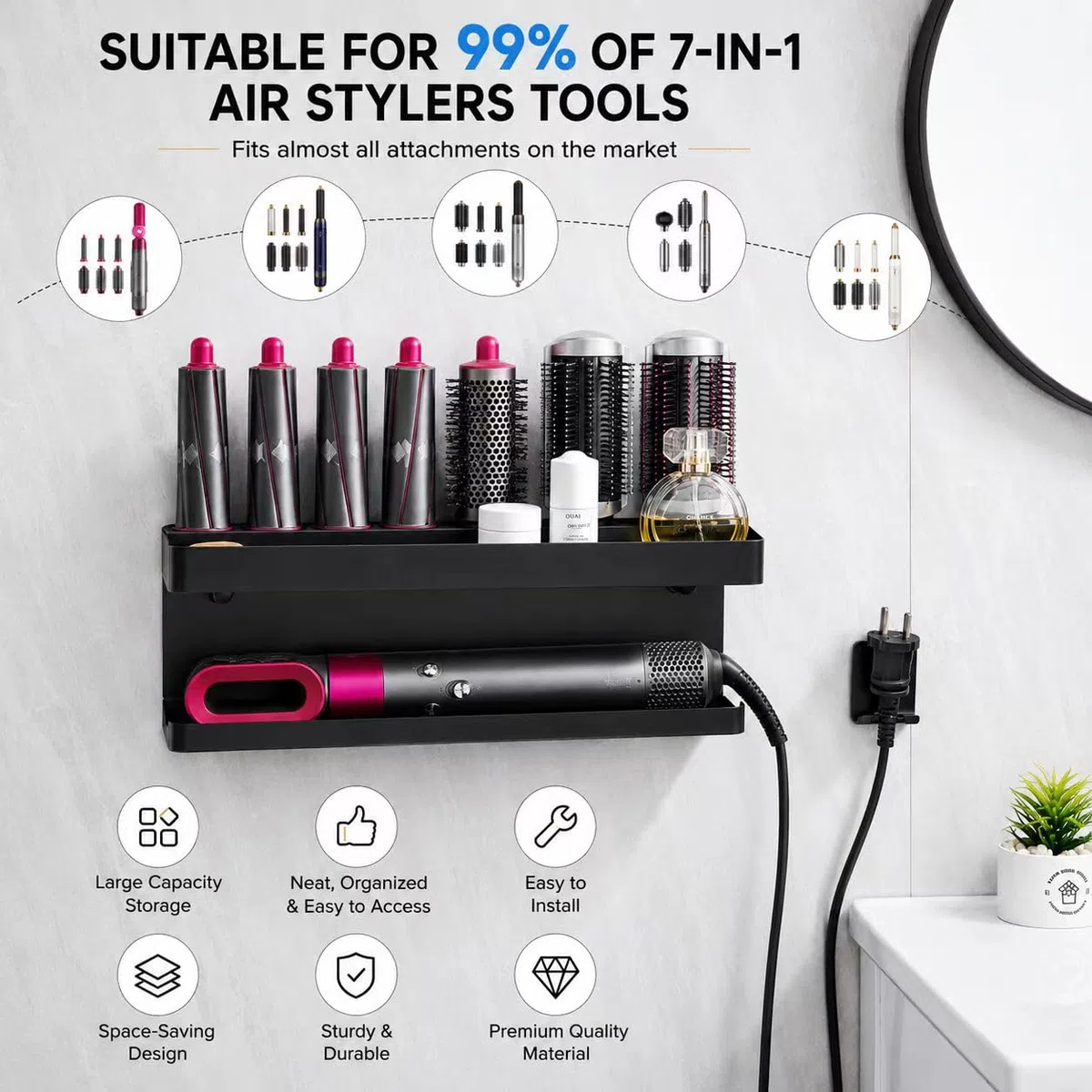 2 in 1, supporto da parete per asciugacapelli Dyson Airwrap, senza foratura, facile da riporre esteticamente gradevole, per asciugacapelli Dyson, supporto da parete e organizer in materiale