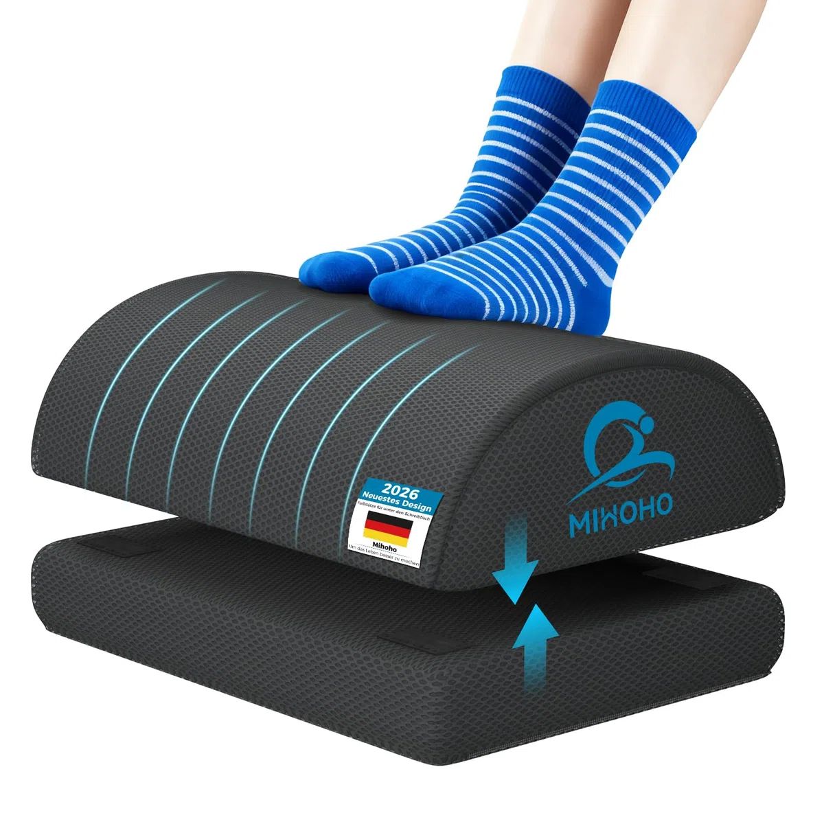 Poggiapiedi Scrivania sotto la scrivania al lavoro, poggiapiedi in memory foam regolabile in altezza con rivestimento lavabile - comodo poggiapiedi ergonomico (nero)