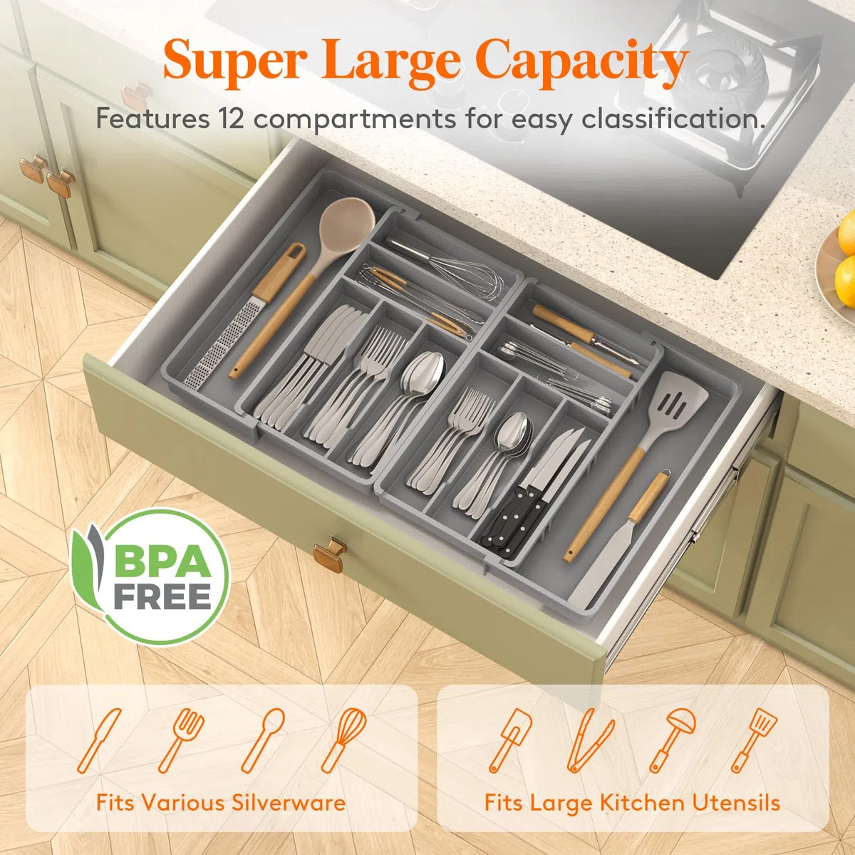 Lifewit Portaposate Grande Cassetto, Larghezza 46 a 70 cm, Porta Utensili Regolabile da Cucina, Profondità 42,4 cm, Organizer Mestoli Rimovibile, Accessori in Plastica per Forchette/Coltelli, Grigio