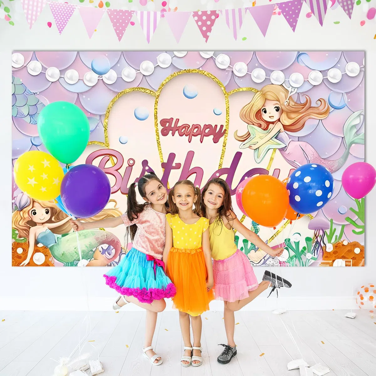 Nymphefable Sirena Buon Compleanno Decorazioni Fondale, Sirena Buon Compleanno Banner, Sfondo Fotografico Per le Ragazze, Forniture Per Feste di Compleanno 110x180cm