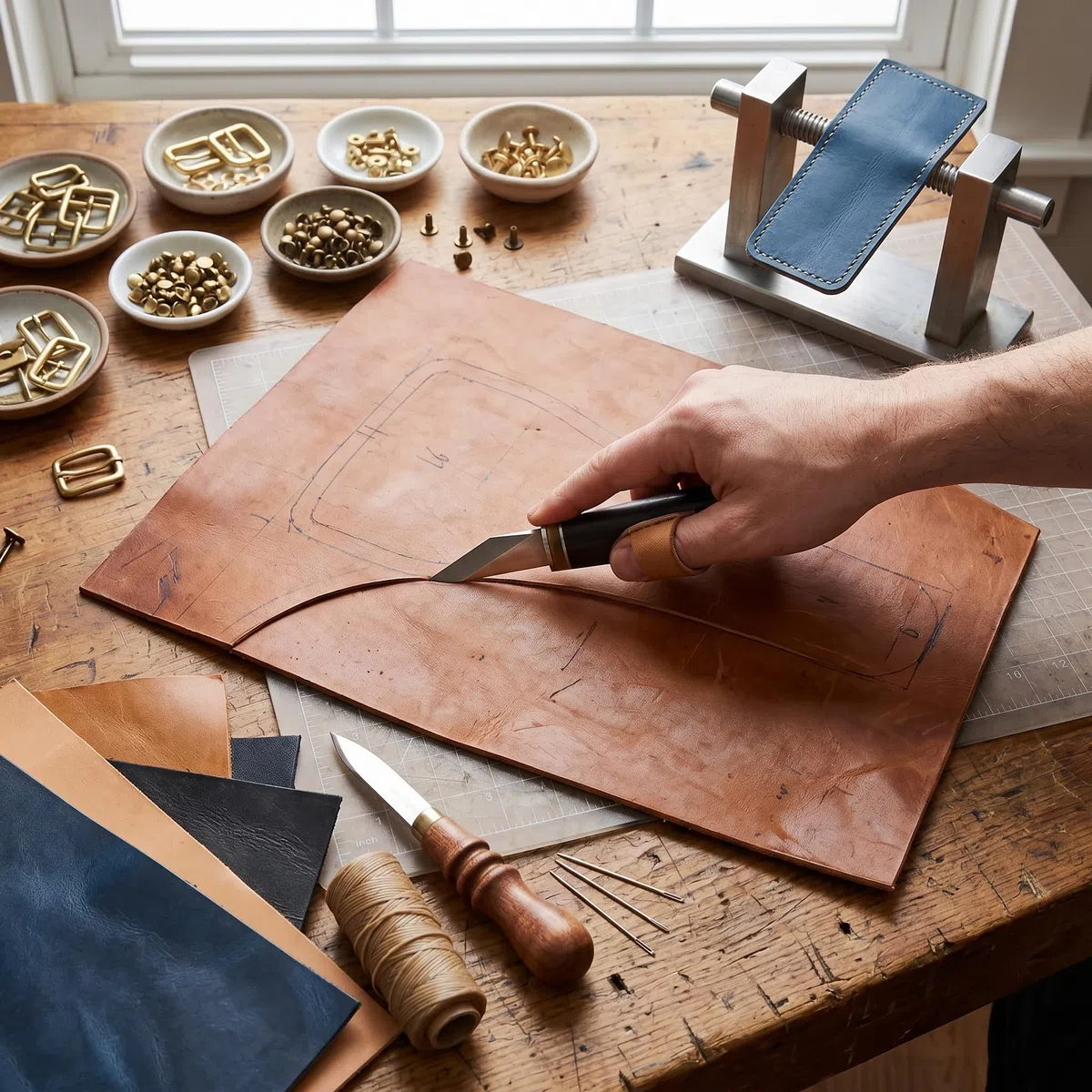 Coltello da Taglio per Pelle Professionale, Lama in Acciaio Inossidabile con Manico in Legno, Utensile da Taglio per Artigianato in Pelle Fai da Te, Skiver e Beveler per Cuoio
