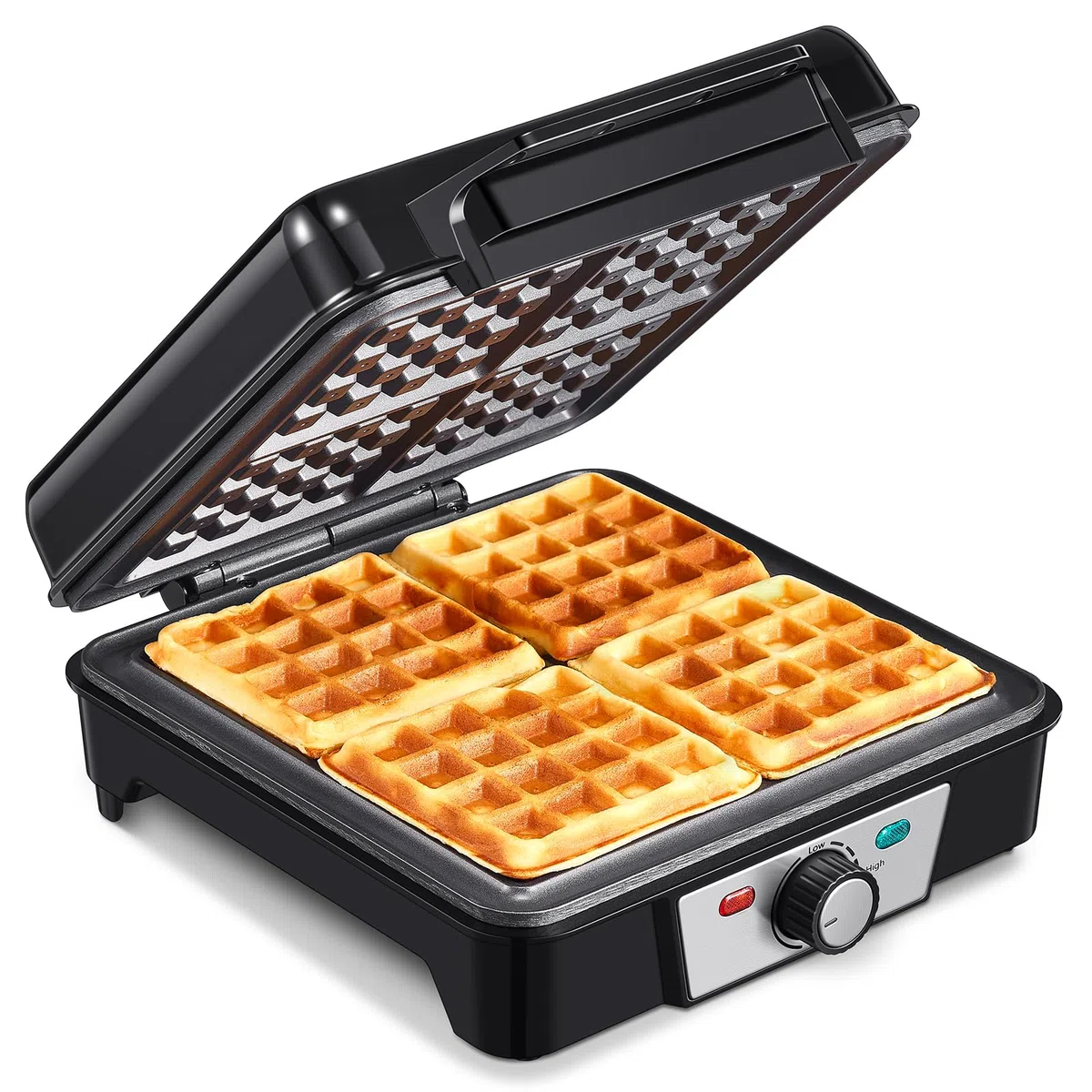 Piastra per waffle per 4 waffle belghe, 1200 W, con anti-troppopieno, regolatore abbronzatura, piastre antiaderenti e spie di controllo