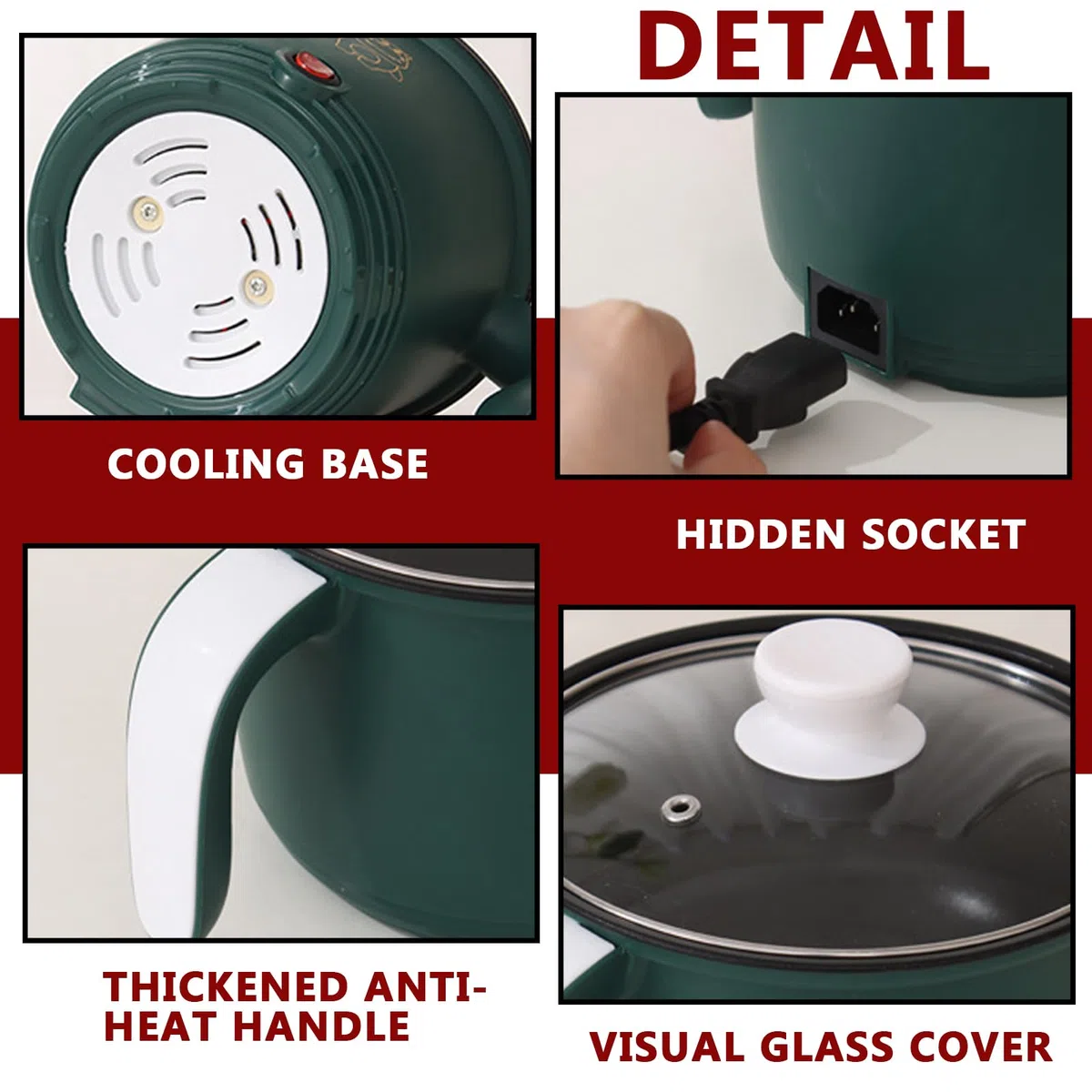 BORDEAG Mini fornello antiaderente, 1.8 l, pentola elettrica, pentola portatile, mini fornello portatile per bistecca, pasta, uova, Avena, Ramen, con vapore, verde